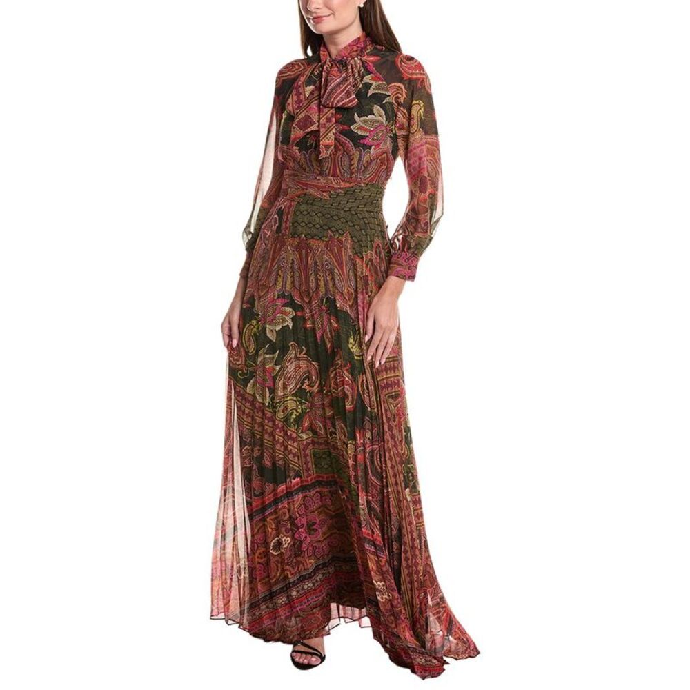 Teri Jon By Rickie Freeman Womens Chiffon Paisley Pleated Skirt Scarf Neck Maxi